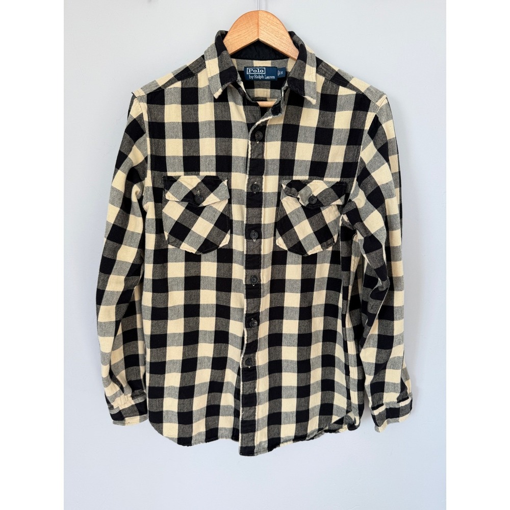 Polo Ralph Lauren Mens Flannel Shirt Buffalo Plaid Cream Black Button Down Large